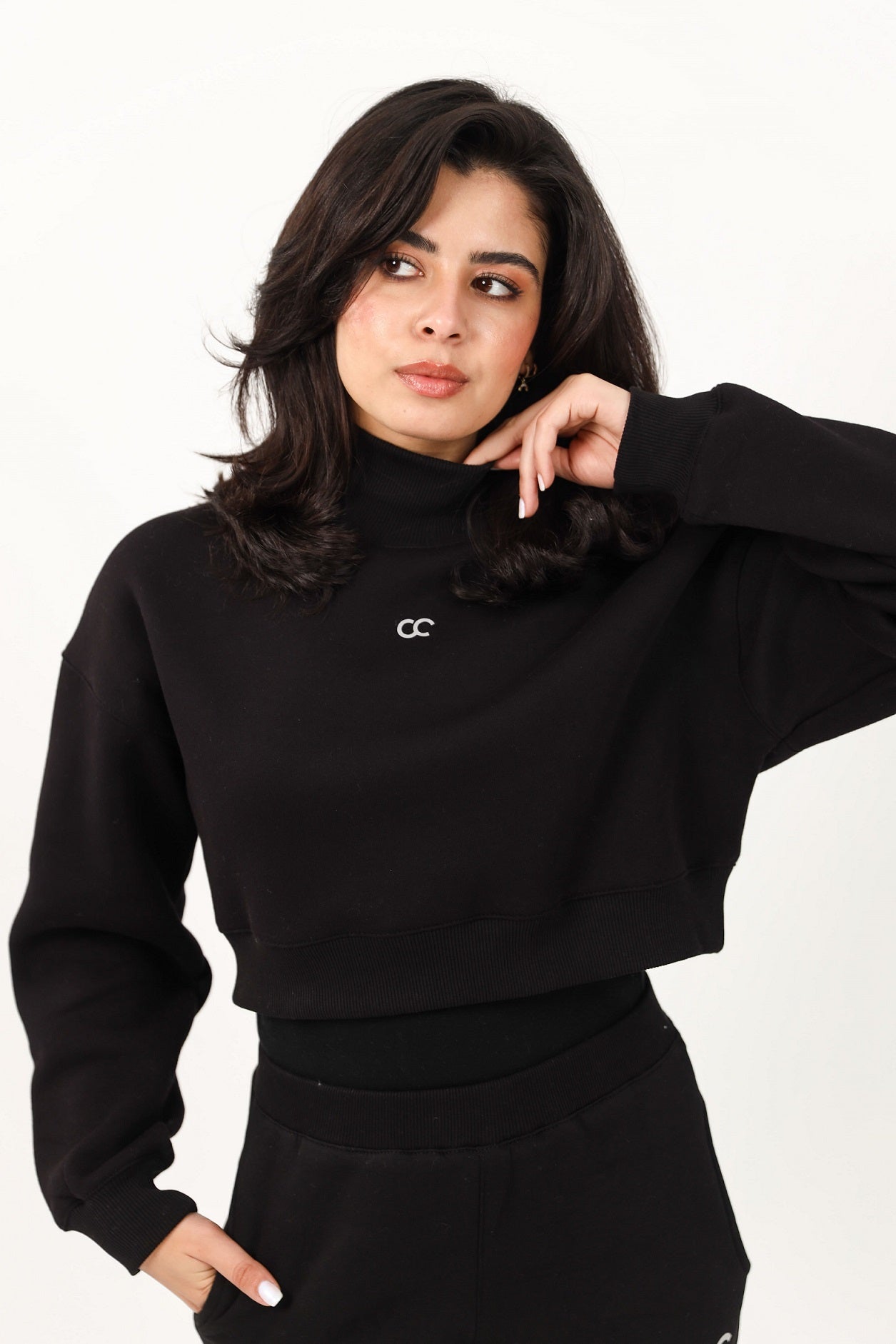 Milton High Collar Cropped Sweatshirt - Black