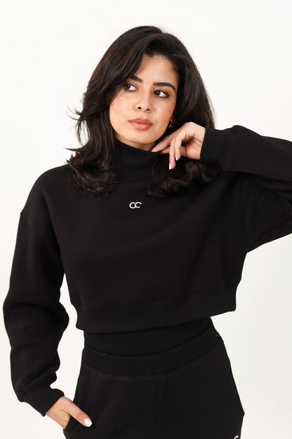 Milton High Collar Cropped Sweatshirt - Black