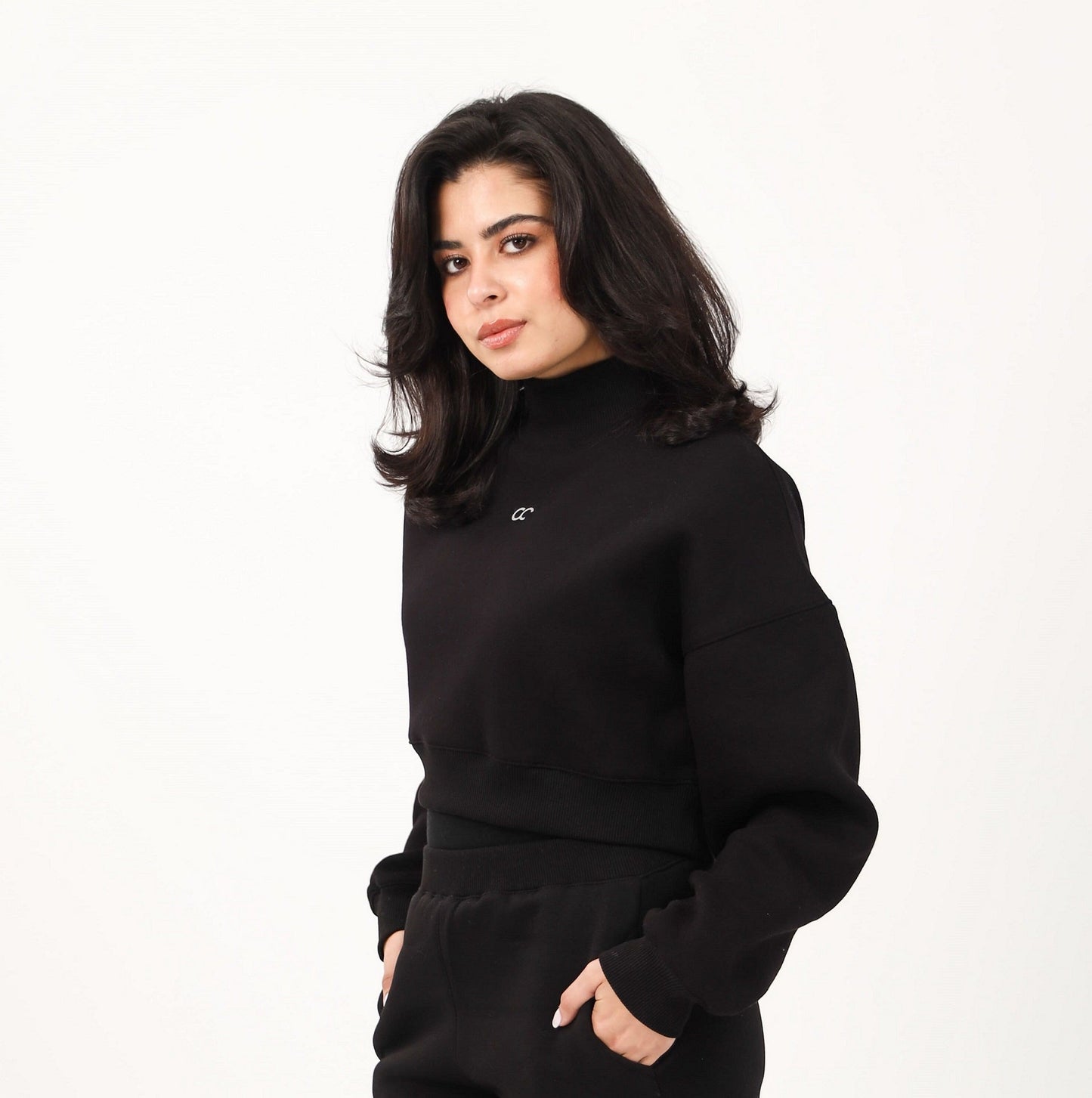 Milton High Collar Cropped Sweatshirt - Black