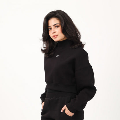 Milton High Collar Cropped Sweatshirt - Black