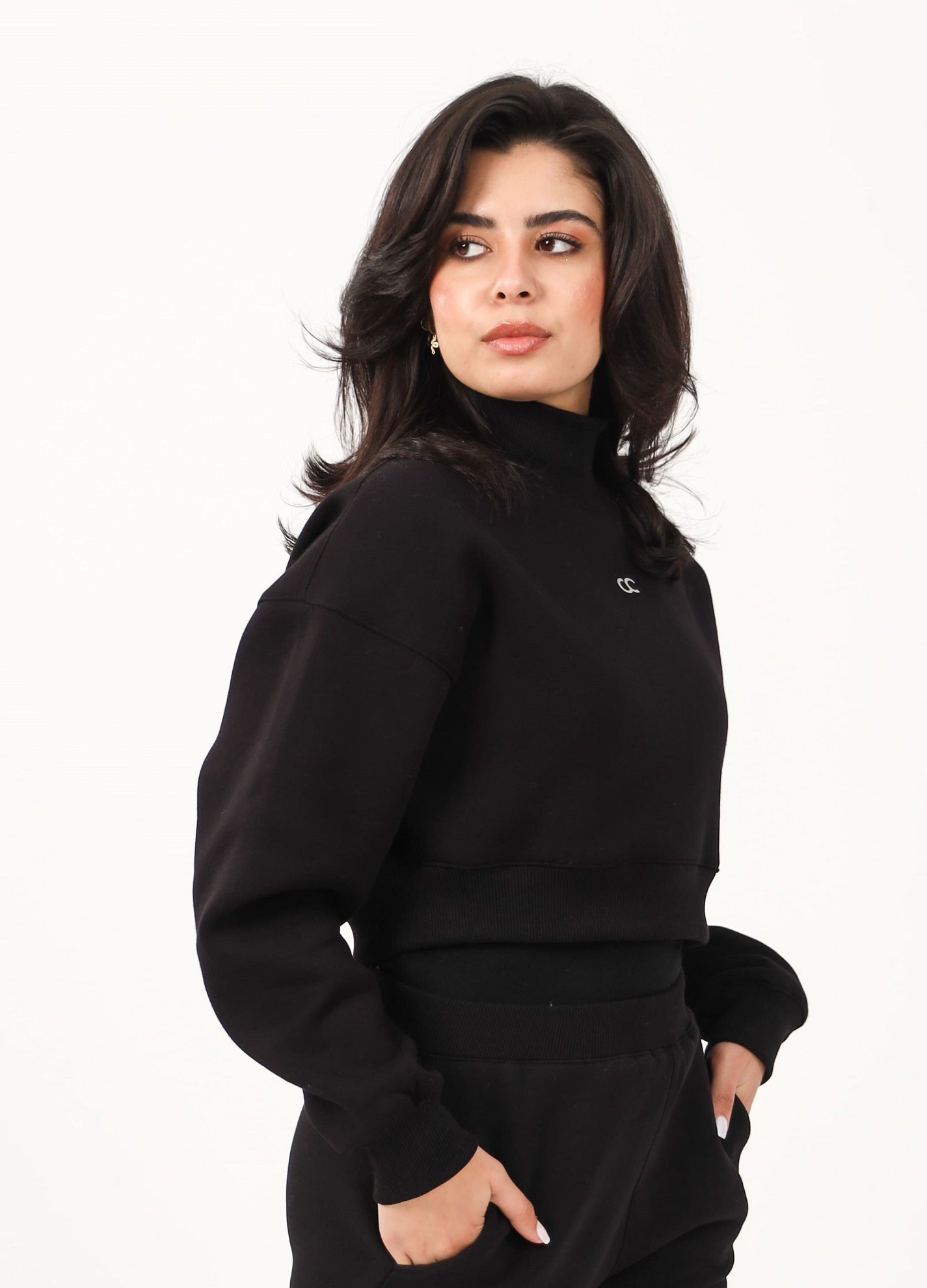 Milton High Collar Cropped Sweatshirt - Black