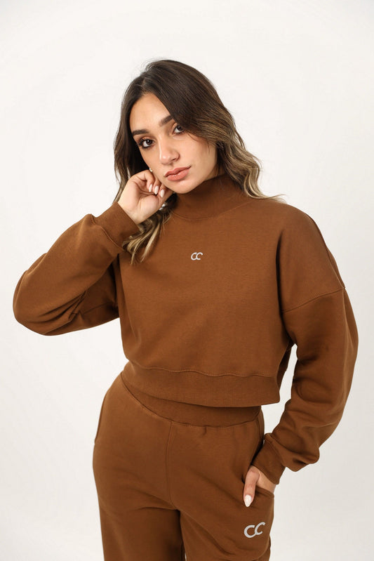 Milton High Collar Cropped Sweatshirt - Brown