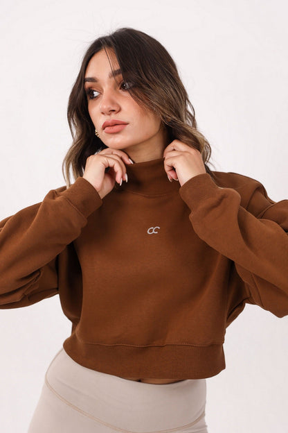 Milton High Collar Cropped Sweatshirt - Brown