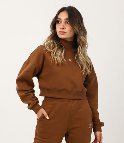 Milton High Collar Cropped Sweatshirt - Brown
