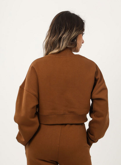 Milton High Collar Cropped Sweatshirt - Brown
