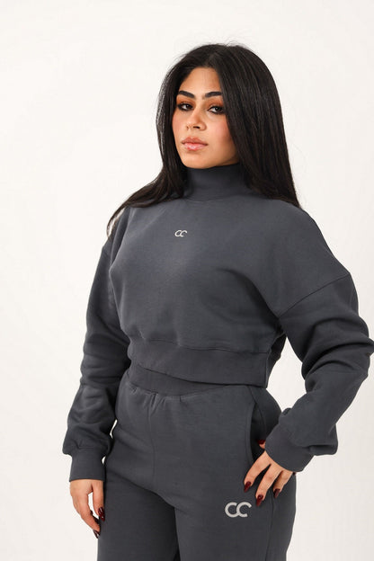 Milton High Collar Cropped Sweatshirt - Dark Grey