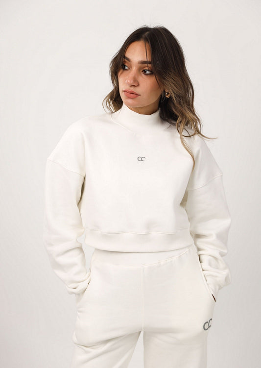 Milton High Collar Cropped Sweatshirt - White