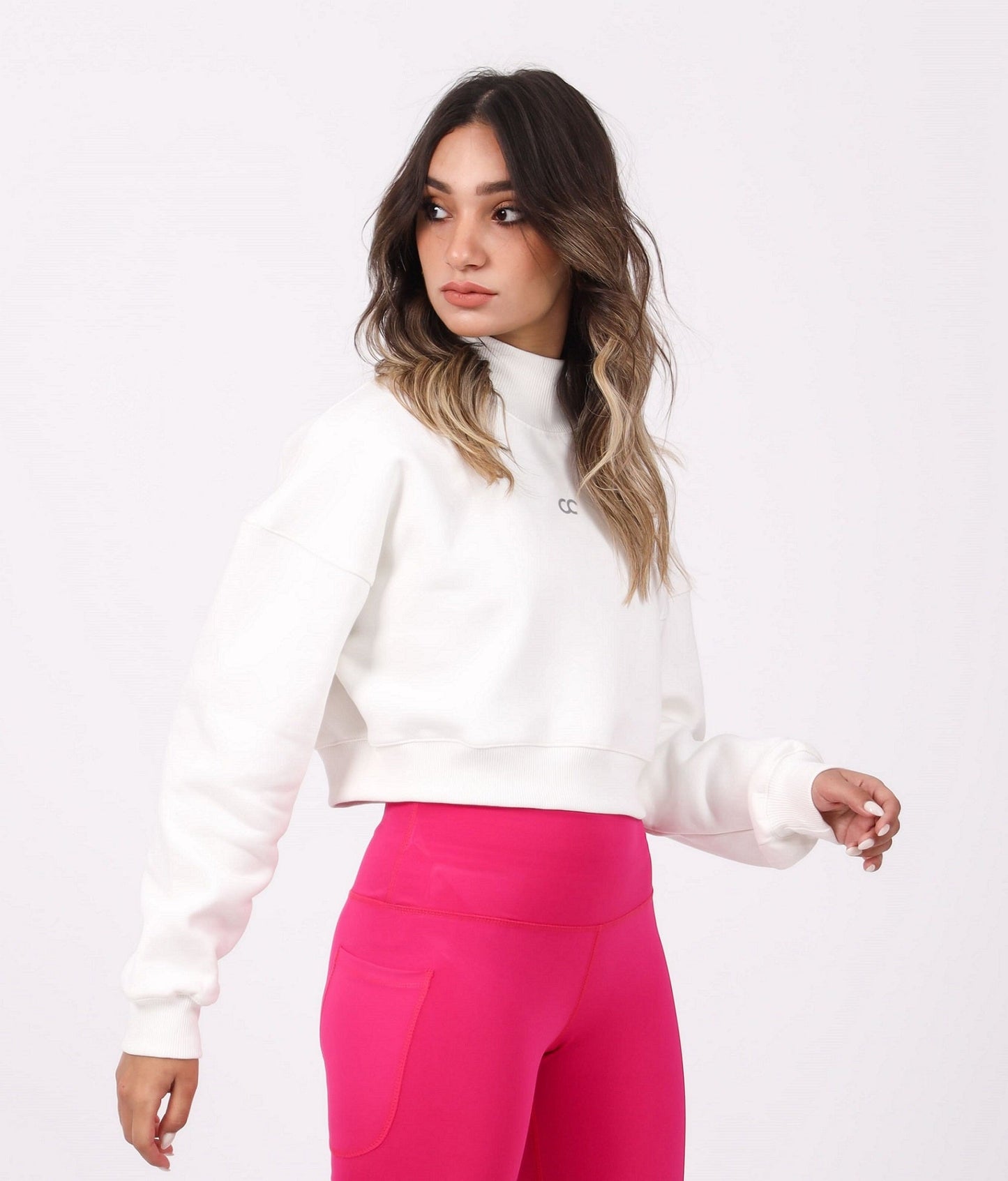 Milton High Collar Cropped Sweatshirt - White