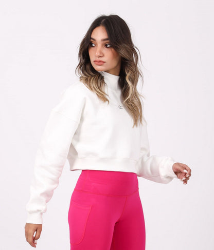 Milton High Collar Cropped Sweatshirt - White