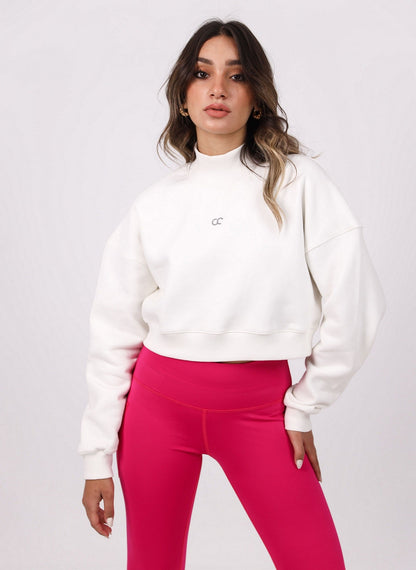 Milton High Collar Cropped Sweatshirt - White