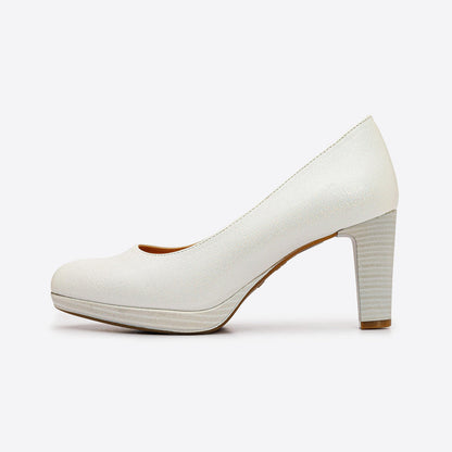 Faux Leather Plain Block Heel Pumps - White