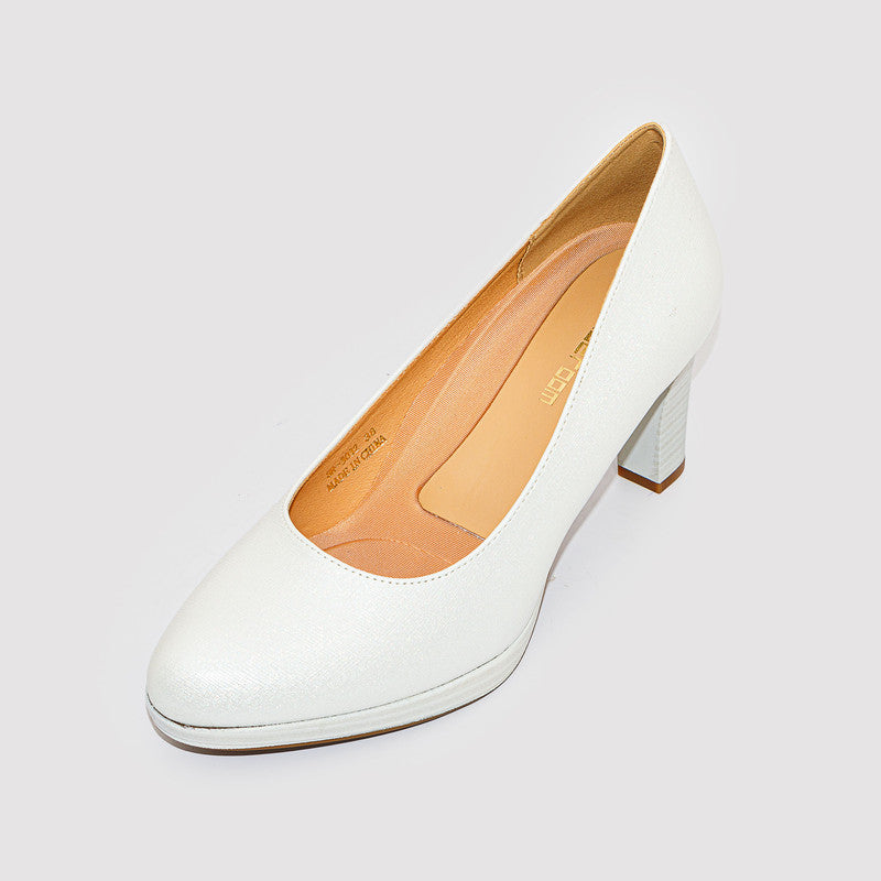 Faux Leather Plain Block Heel Pumps - White