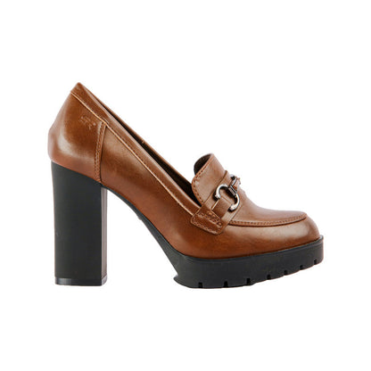 Pu Leather Solid Block Heel Loafers – Brown (SR-3410)