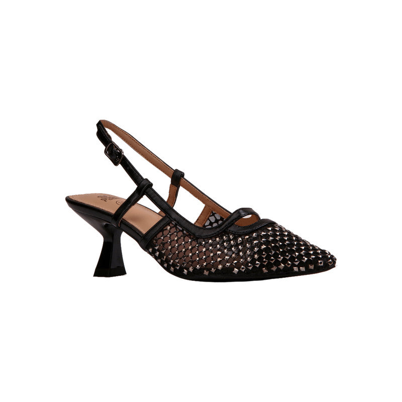 Mesh Studded Slingback Heels – Black