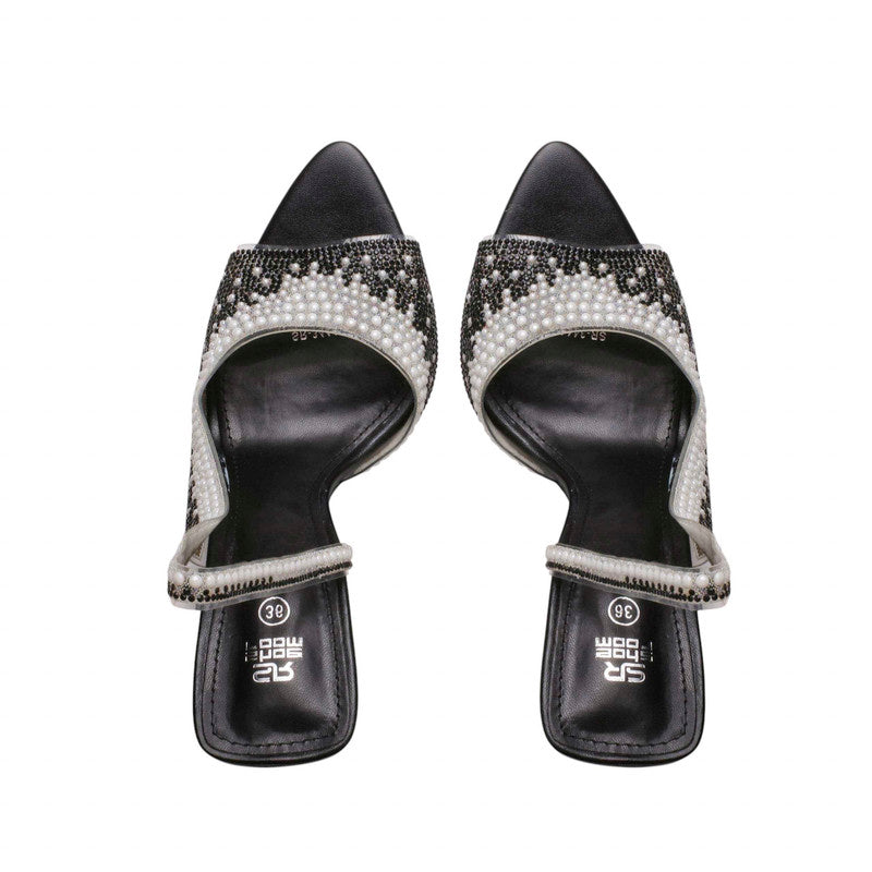 Mesh Pearl & Rhinestone Embellished Slingback Heels – Black