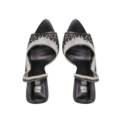 Mesh Pearl & Rhinestone Embellished Slingback Heels – Black
