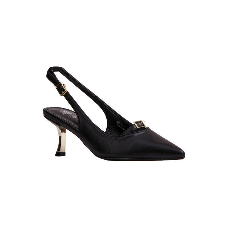 PU Leather Buckle Detail Slingback Heels – Black