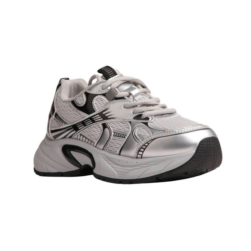 PU Leather Mesh Sneakers - Silver