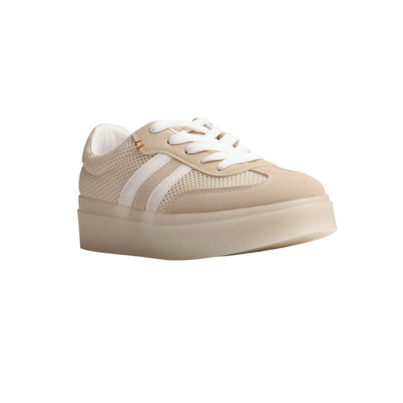 PU Leather Mesh Platform Sneakers - Beige