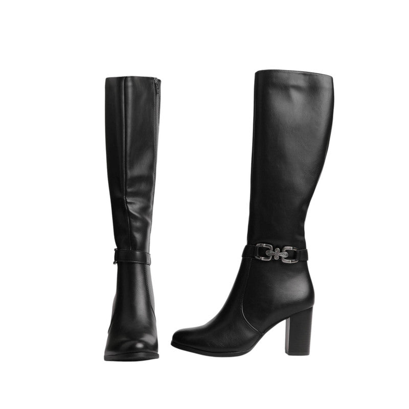 Pu Leather Solid Knee-High Boots – Black (SR-3464)