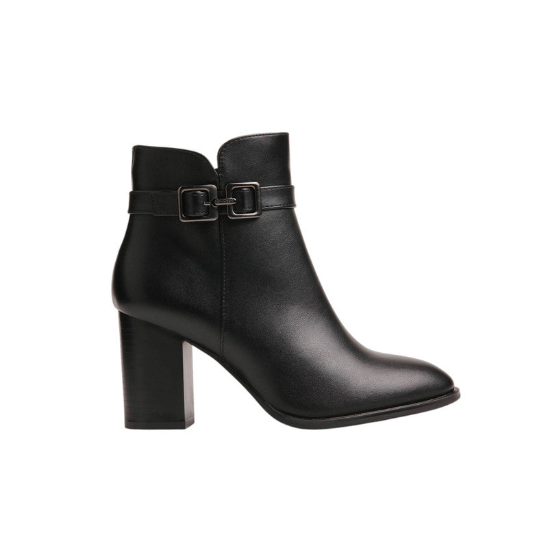 Pu Leather Buckle Half Boots – Black (SR-3465)