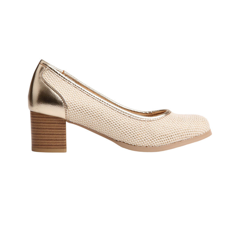 PU Leather Textured Block Heels - Gold