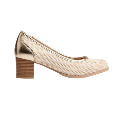 PU Leather Textured Block Heels - Gold