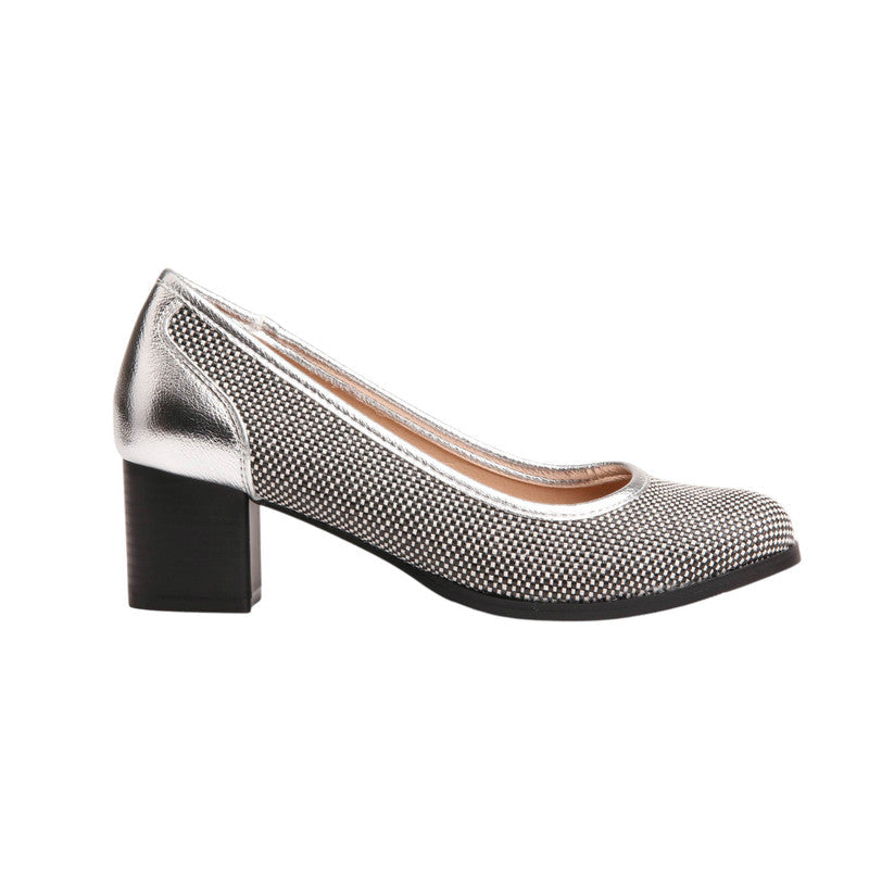 PU Leather Textured Block Heels - Silver