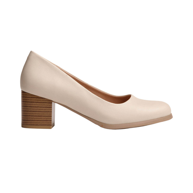 PU Leather Classic Block Heels - Beige