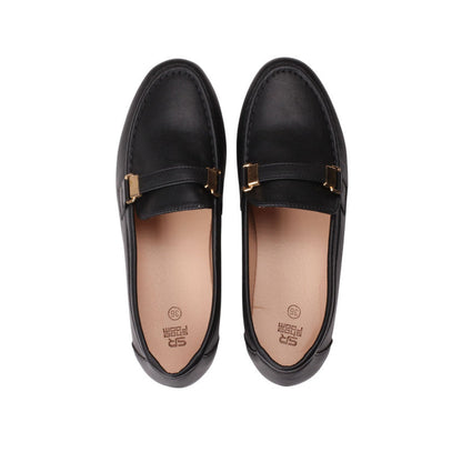 PU Leather Buckle Loafers - Black