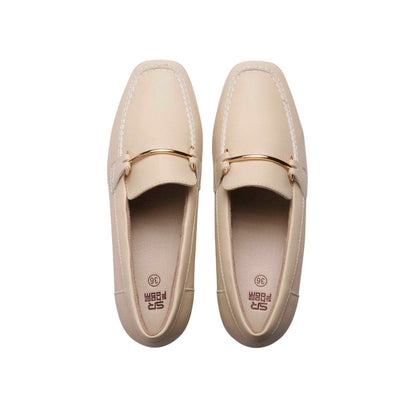 PU Leather Buckle Block Heel Loafers - Beige