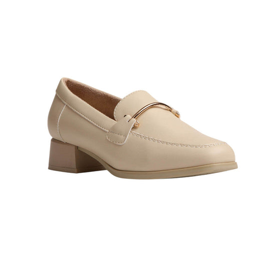 PU Leather Buckle Block Heel Loafers - Beige