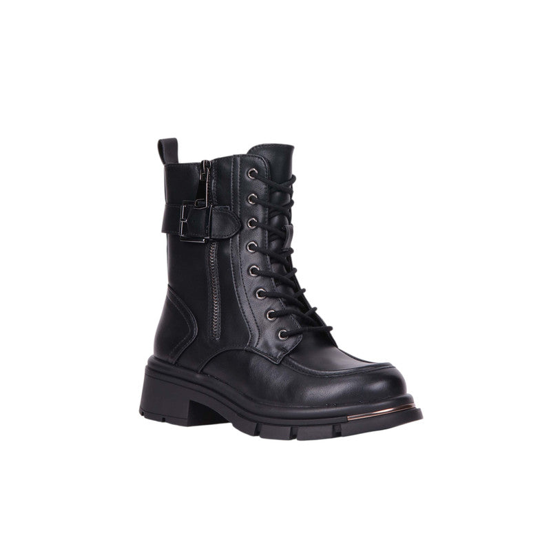 Pu Leather Lace-Up Combat Half Boots – Black (SR-3479)