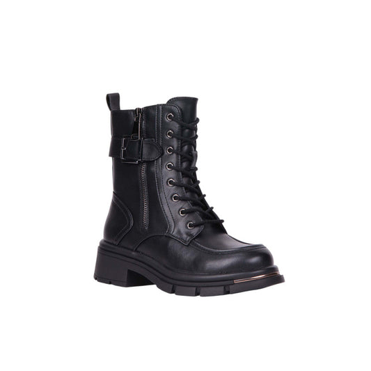 Pu Leather Lace-Up Combat Half Boots – Black (SR-3479)