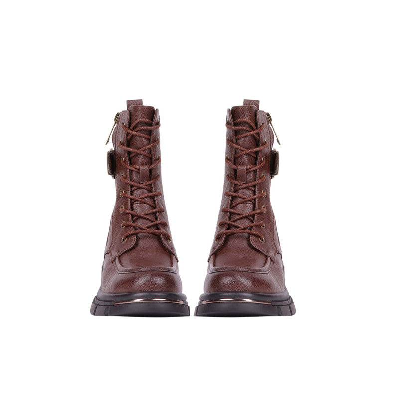 Pu Leather Lace-Up Combat Half Boots – Brown (SR-3479)