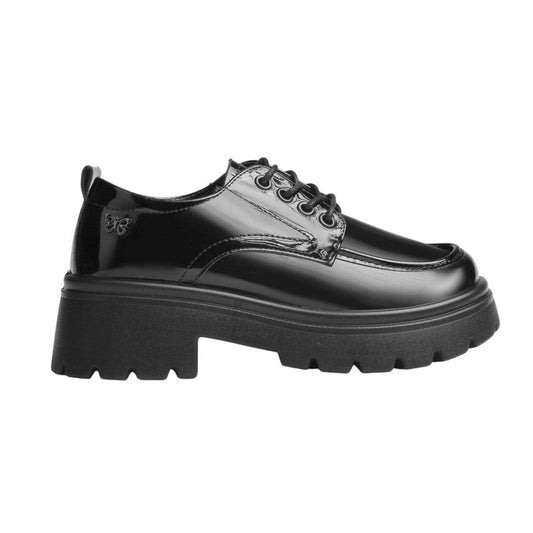 PU Leather Patent Chunky Lace-Up Shoes - Black