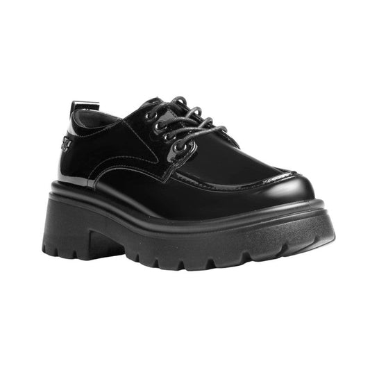 PU Leather Patent Chunky Lace-Up Shoes - Black