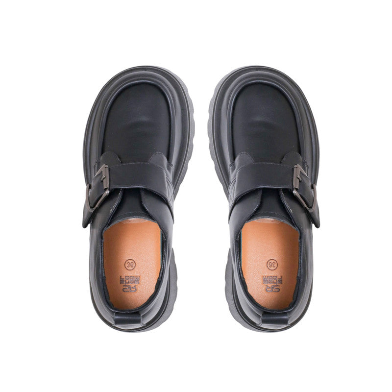 PU Leather Buckle Strap Chunky Loafers - Black