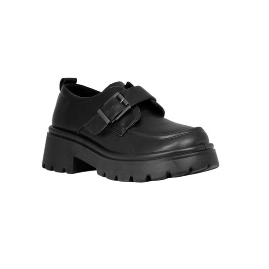 PU Leather Buckle Strap Chunky Loafers - Black