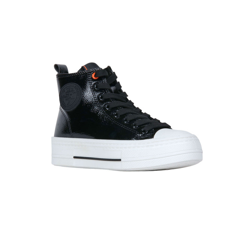 PU Leather Patent High-Top Platform Sneakers - Black