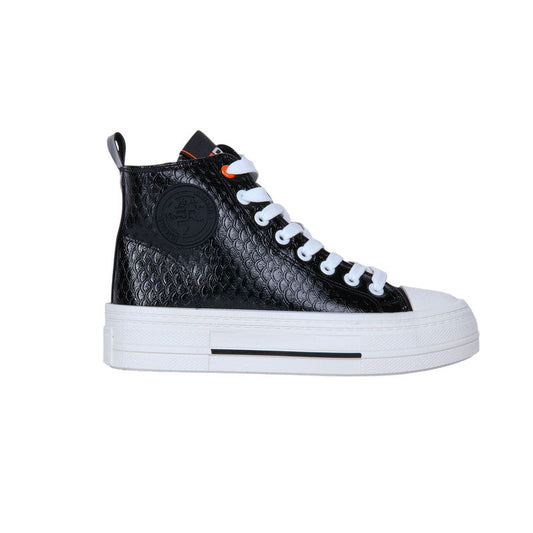 PU Leather Croc-Embossed High-Top Platform Sneakers - Black