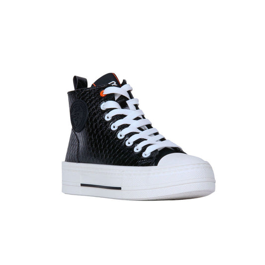PU Leather Croc-Embossed High-Top Platform Sneakers - Black