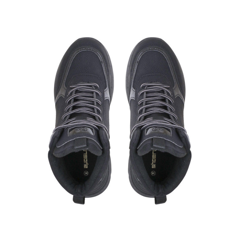 Pu Leather Lace-Up Hiking Half Boots – Black (SR-3497)