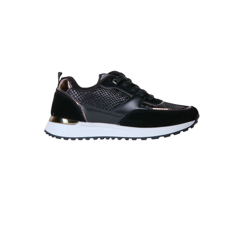 PU Leather Snake-Pattern Sneakers - Black