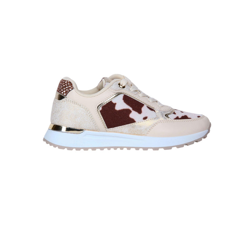 PU Leather Cow-Print Sneakers - Beige