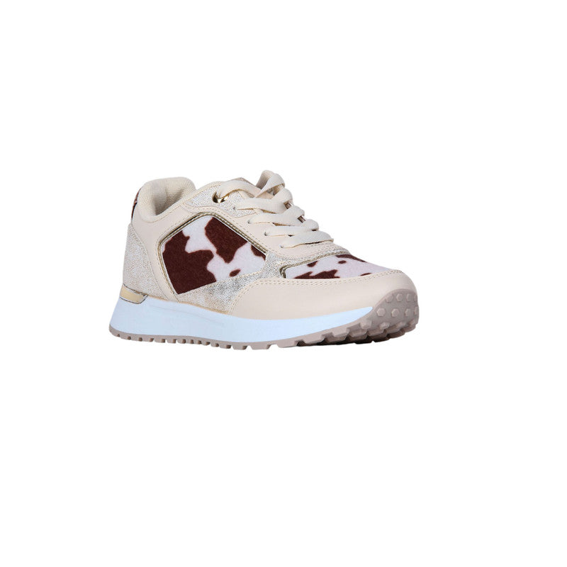 PU Leather Cow-Print Sneakers - Beige