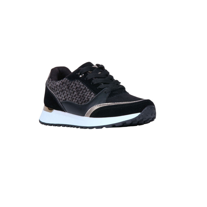 PU Leather Tweed-Pattern Sneakers - Black