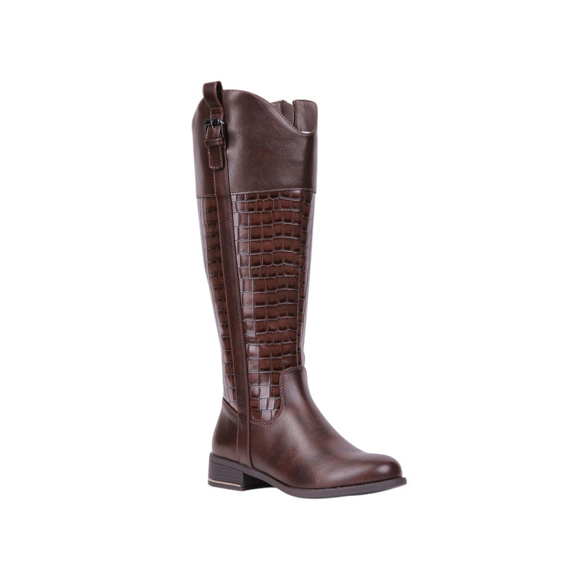 Pu Leather Croc-Embossed Knee-High Boots – Dark Brown (SR-3516)