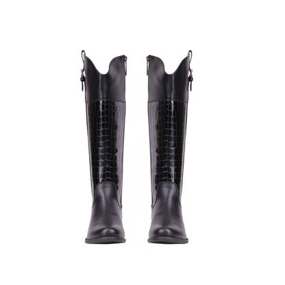 Pu Leather Croc-Embossed Knee-High Boots – Black (SR-3516)