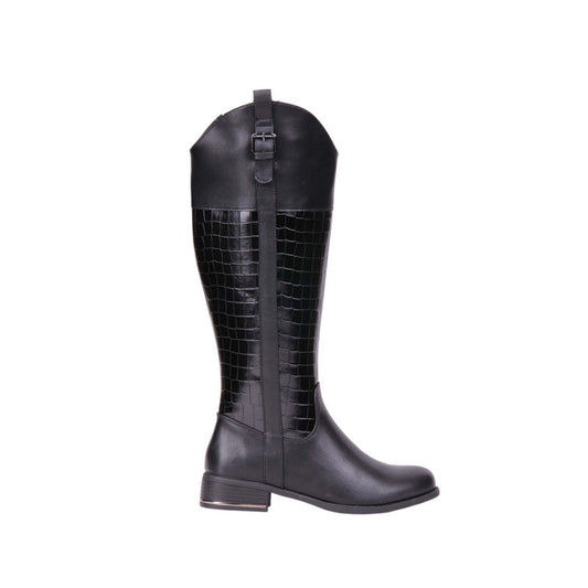 Pu Leather Croc-Embossed Knee-High Boots – Black (SR-3516)